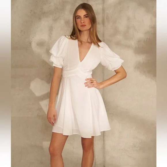 1.STATE L96012 Womens New Ivory Tiered Bubble Sleeve Mini Dress Size M - Picture 2 of 7